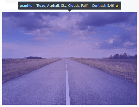 image has been highlighted and graphic, "Road, Asphalt, Sky, Clouds, Fall", and Contrast:3.46 warning sign, appears in the information bar above it
