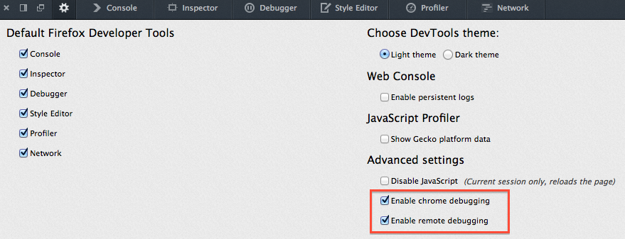 Settings for developer tools - "Enable Chrome Debugging" and "Enable Remote Debugging"