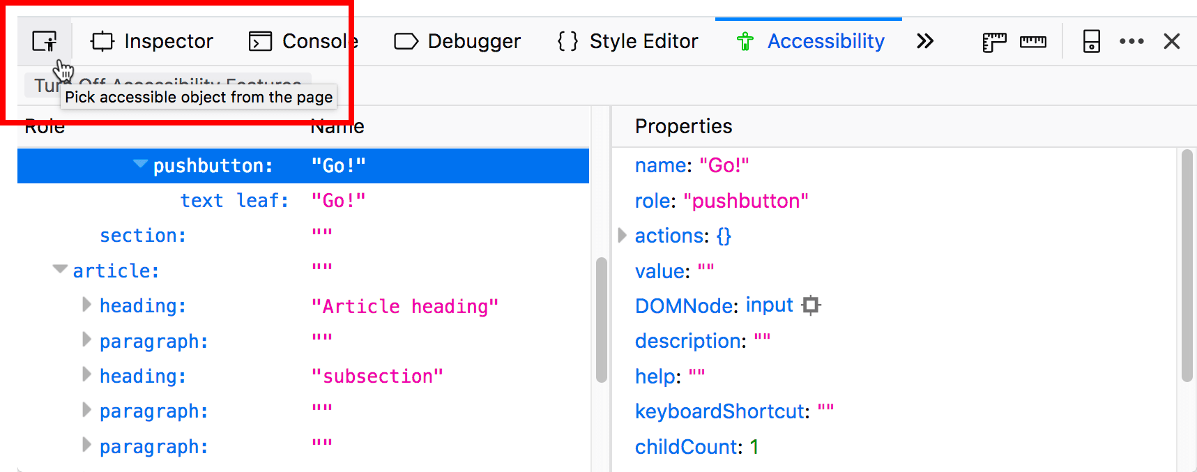 highlighted accessibility inspector button, with a tooltip saying Pick accessible object from the page