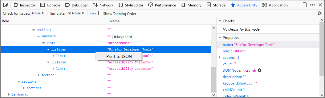 Print to JSON right-click menu in left panel