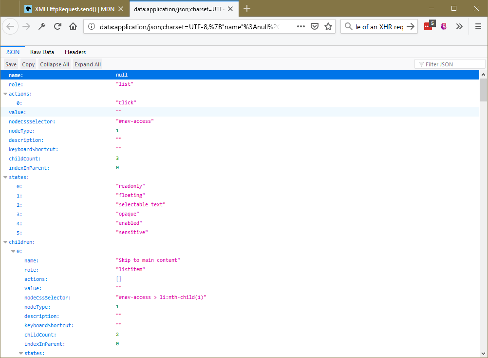Accessibility tree loaded in new tab JSON viewer