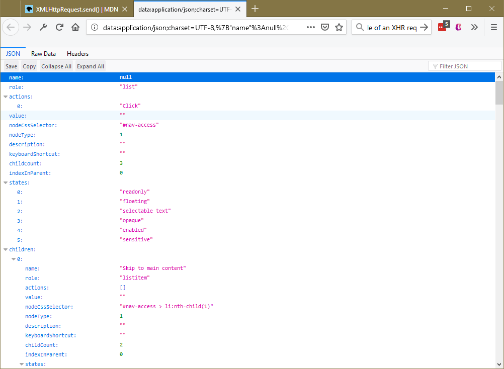 firefox 文件，把已選擇的 Accessibility Dom Tree 改成 JSON 格式