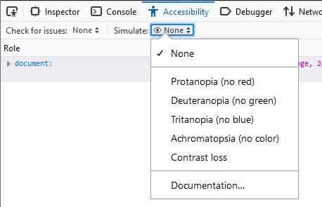 Simulate menu in Accessibility panel. Used for selecting the simulation mode: None, Protanopia (no red), Deuteranopia (no green), Tritanopia (no blue), Achromatopsia (no color), Contrast loss