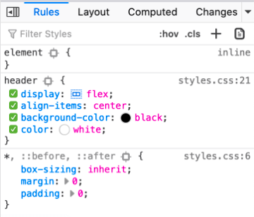 The CSS pane of the Firefox devtools, showing the CSS for a flex container with an icon to toggle the Flexbox overly