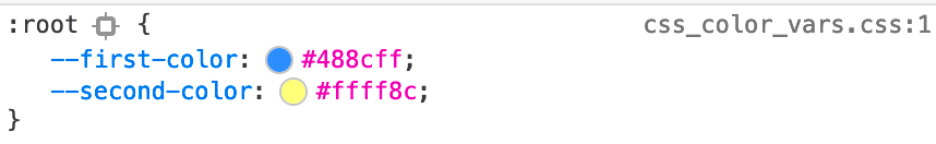 CSS in the Rules pane showing a color swatch on a CSS variable
