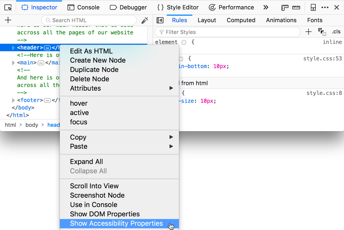 context menu in the DOM inspector, with a highlighted option: Show Accessibility Properties