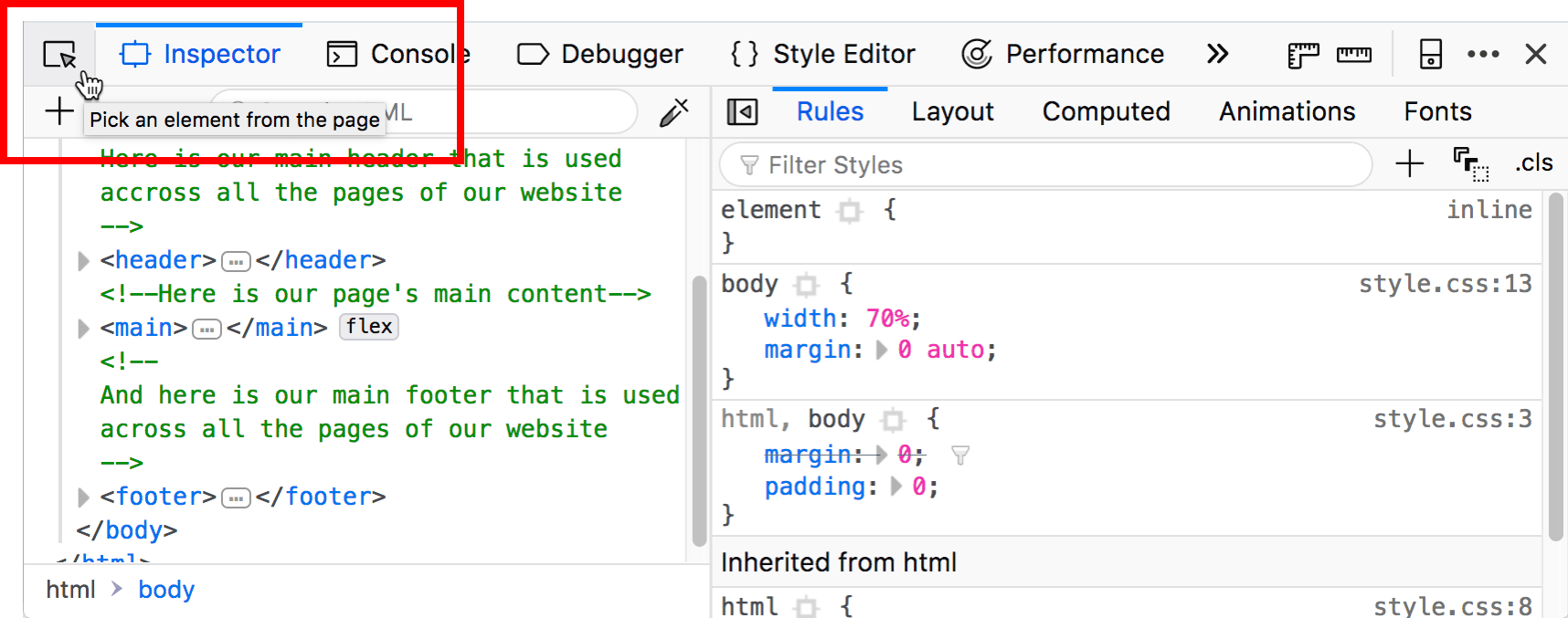 highlighted DOM inspector picker button, with a tooltip saying Pick an element from the page