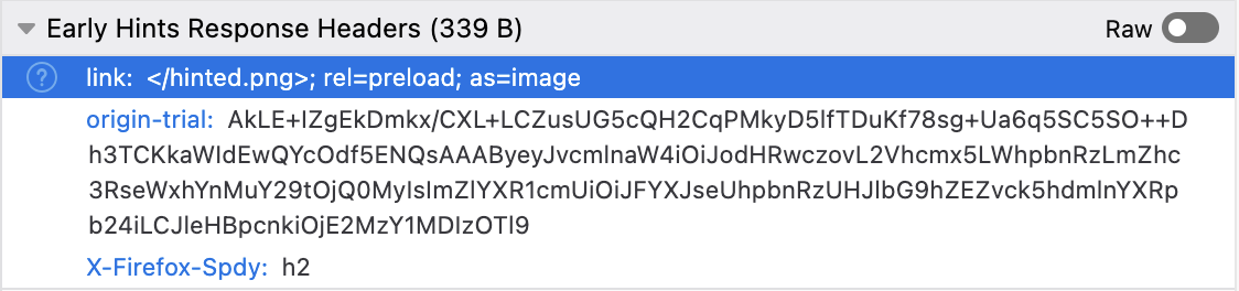 Screenshot showing the Early hints response headers section of the Header details pane