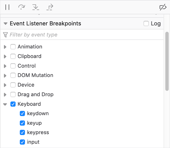 The list of event listener breakpoints in the right hand column