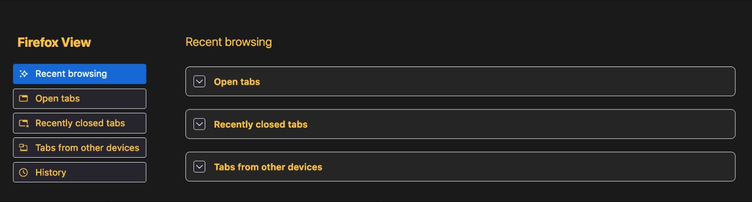 Firefox view page. The navigation tabs are rendered yellow on darker grey, with the active tab rendered white on darker blue. Page content is rendered yellow on dark grey with white borders around interactive components.