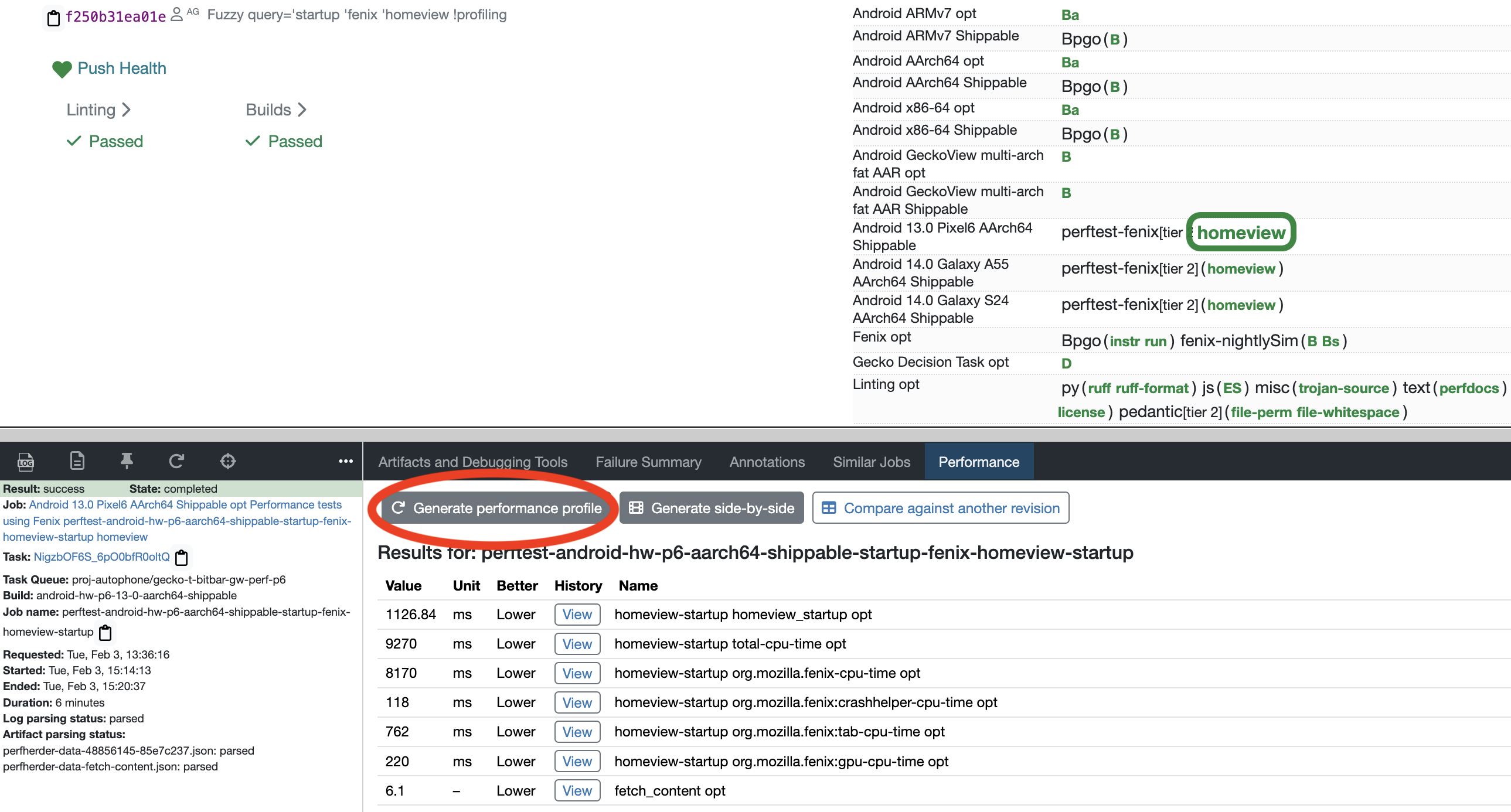 Generate Performance Profile Button