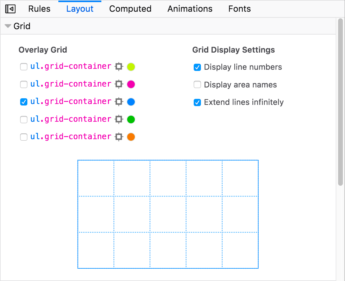 The grid options section of the Firefox devtools Layout view, showing multiple options for specifying how you want to see CSS grids displayed