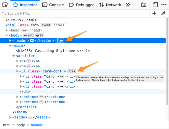 The HTML pane of the Firefox devtools, showing an element annotated with a grid marker, meaning that it has display: grid set on it