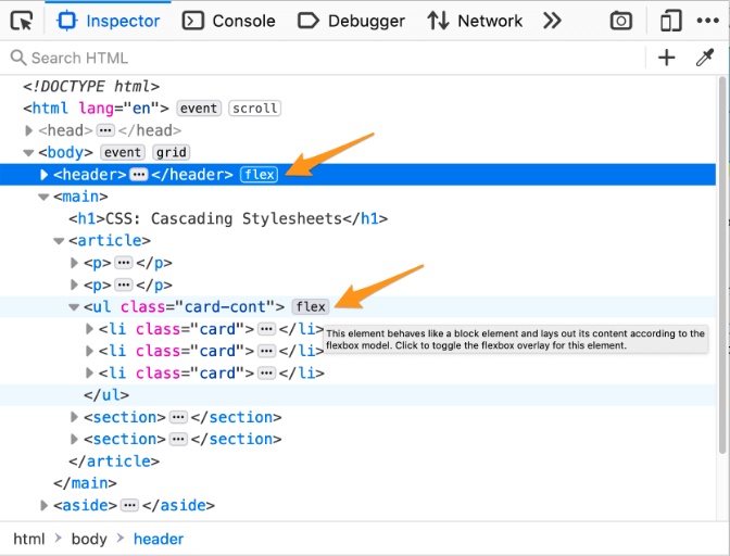 Indicators in the inspector showing an element is a flex container