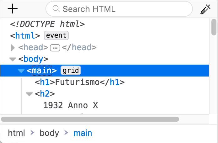 The HTML pane of the Firefox devtools, showing an element annotated with a grid marker, meaning that it has display: grid set on it