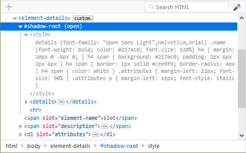 A view of a shadow root shown inside the DOM tree in the Firefox DevTools