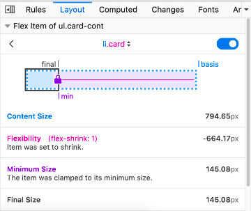 Details of flex item sizing in the Layout pane of Firefox DevTools