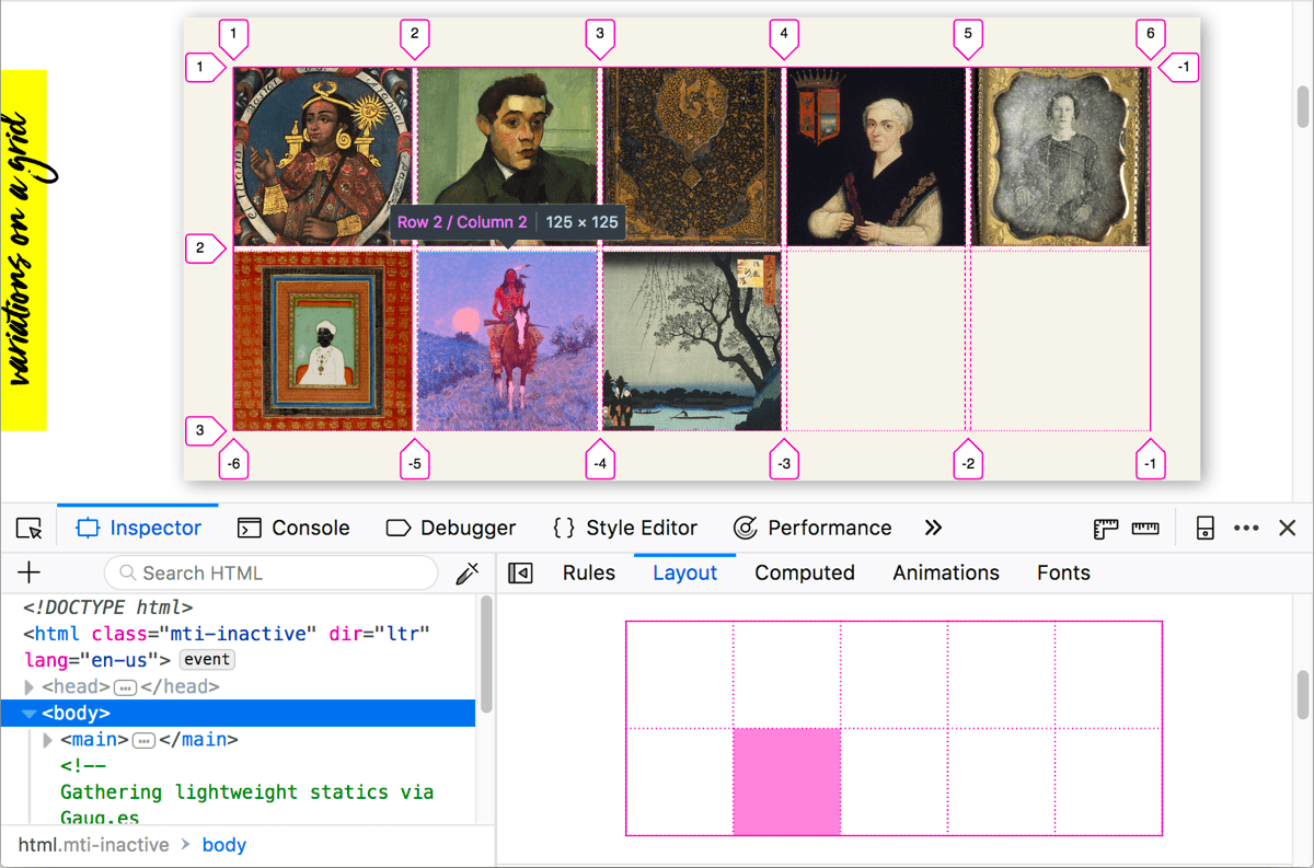 A firefox screenshot showing an area of a mini CSS grid being highlighted in the DevTools, and the corresponding area in the real grid being highlighted on the web page.