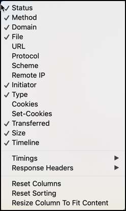 Screenshot of the context menu for selecting columns to display in the Network monitor