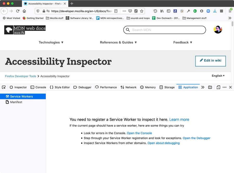 the application panel with a message stating that you need to register a service worker to inspect it here