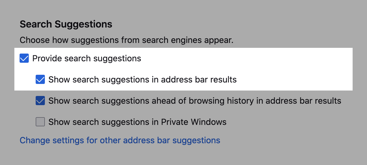 Image of the preferences UI that allows the user to opt out of search suggestions
