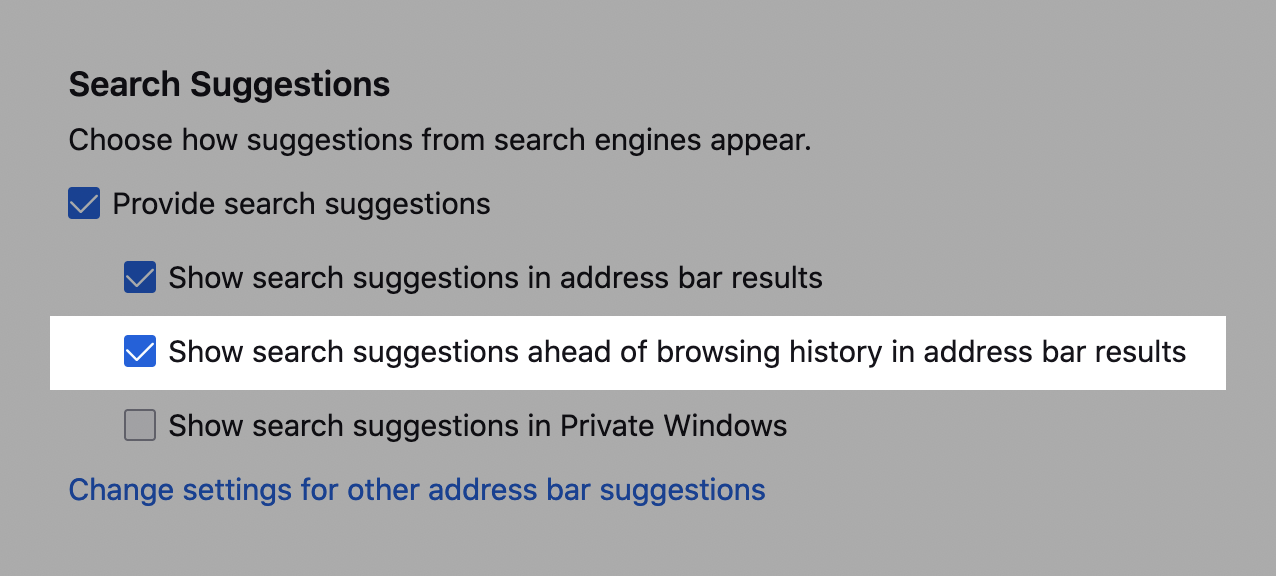 Image of the preferences UI that allows the user to choose whether search suggestions are shown before general results
