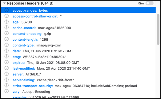 Screenshot showing the Response headers section of the Headers details pane
