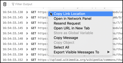 Screenshot showing the context menu for network response messages