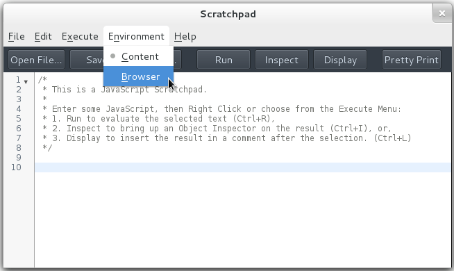 Selecting the browser context in the Scratchpad