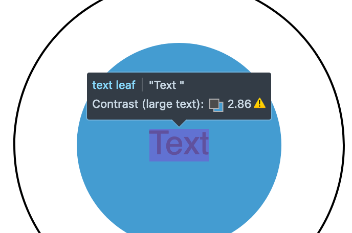 A screenshot of color contrast highlighter with warning sign where text contrast if below the AA WCAG threshold.