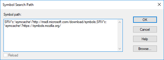 The WinDbg Symbol Search Path dialog with the Mozilla symbol server configured