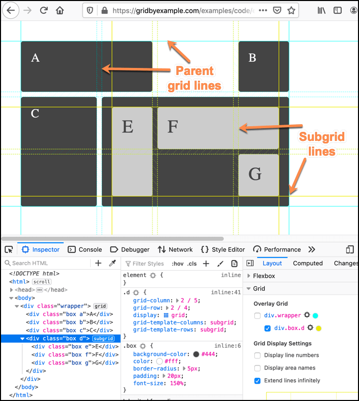 Screenshot showing the overlay lines for a subgrid, with the subgrid lines and parent grid lines called out.