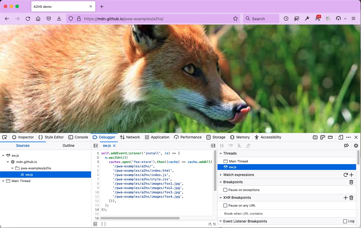 the firefox JS debugger show the code for a service worker