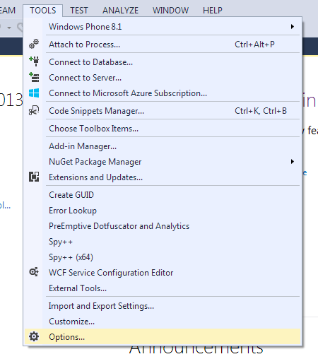 The Tools menu of Visual C++ with the Options item selected