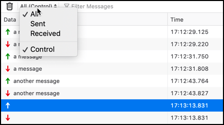 Screenshot showing the filter menu for WebSocket messages