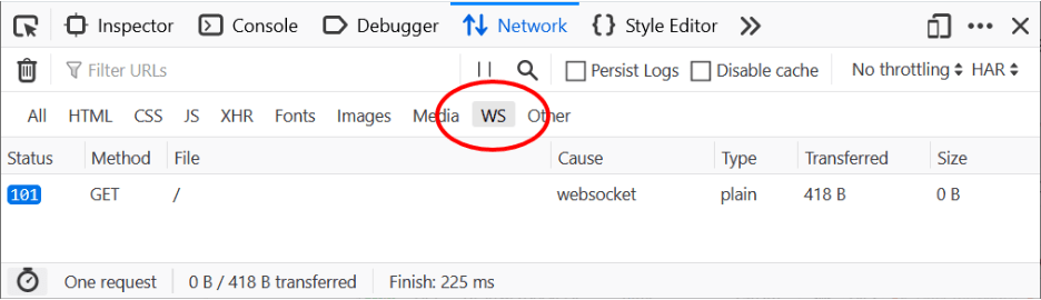 WS filter in the network inspector